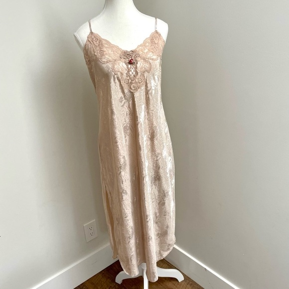 Vintage Expressions Lace Trim Satin Slip Dress Champagne Size Medium Coquette - Picture 5 of 7